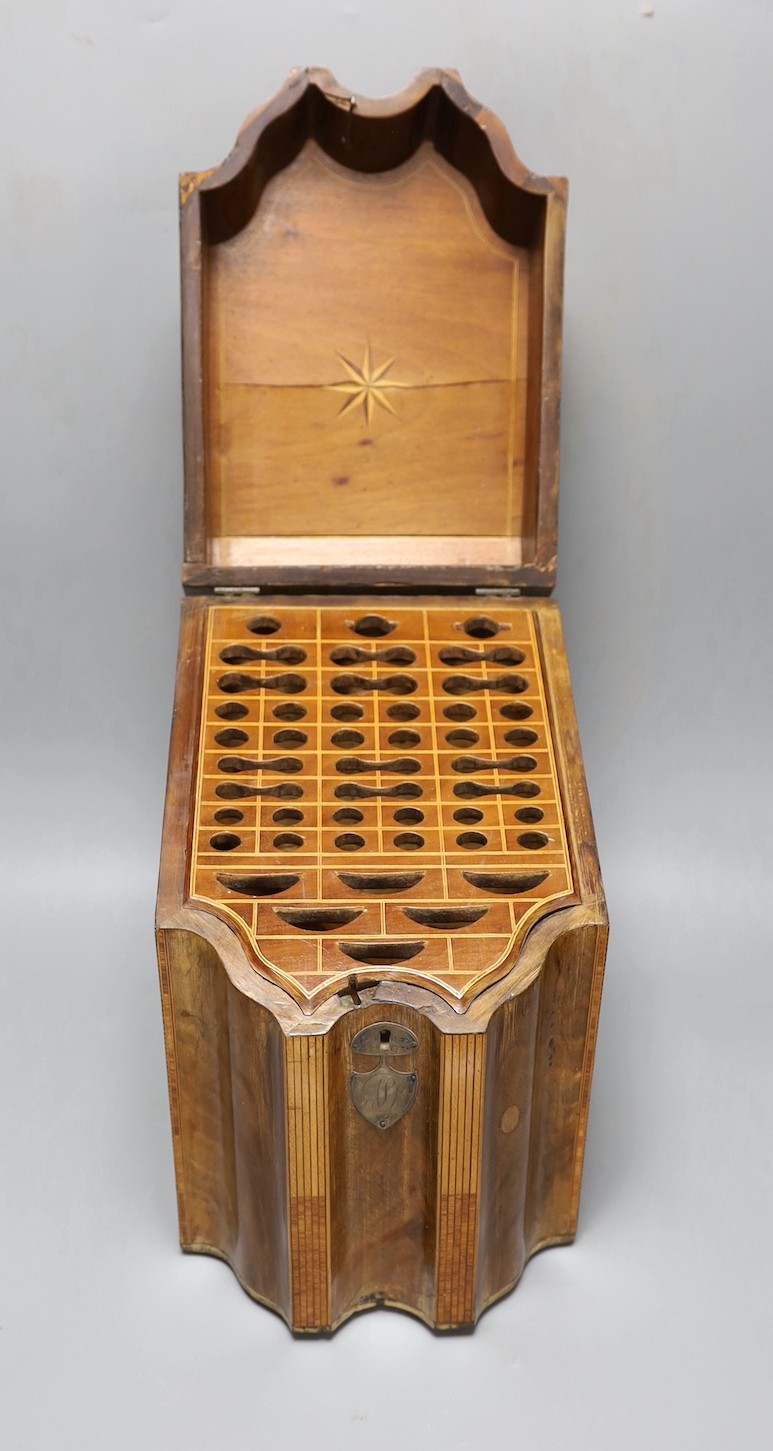 A George III inlaid mahogany knife box with original interior 38cm tall